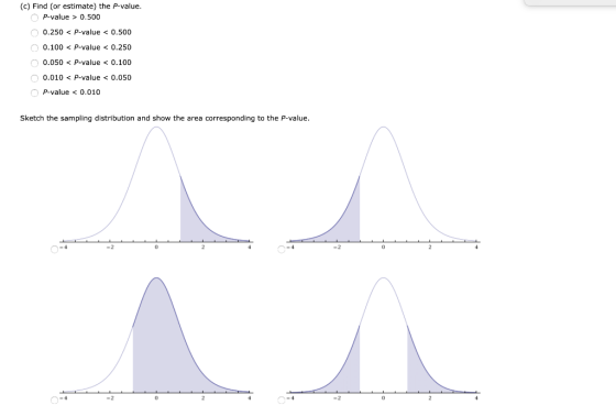 (c) Find (or estimate) the P-value. OP-value > 0.500 0.250 < P-value < 0.500 O 0.100 < P-value < 0.250 O 0.050 < P-value < 0.