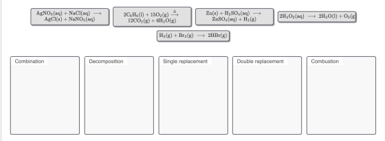 AgNO3(aq) + NaCl(aq) AgCl(s) + NaNO3(aq) +. 2C6H6(1) + 1502 (g) 4. 12CO2(g) + 6H2O(g) Zn(s) + H2SO4(aq) ZnSO4(aq) + H2(g) 2H2