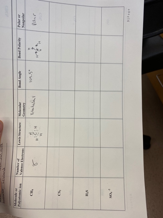 Instructor essere Molecule or Polyatomic ion Number of Valence Electrons Bond Polarity Lewis Structure Bond Angle Molecular G