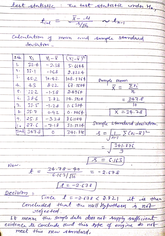 test statistic . The test statßer under no tcal X-M ntni sin Men Calculation deurator and sample standard S. No, 3. 4 Xi 32.4