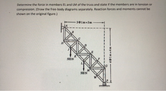 Determine the force in members EL and LM of the truss and state if the members are in tension or compression. (Draw the free-
