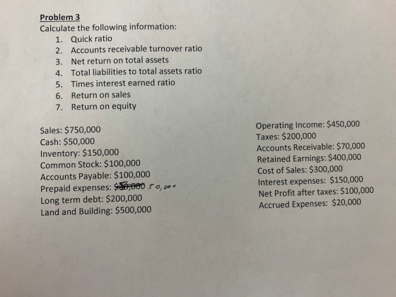 Problem 3 Calculate the following information: 1. Quick ratio 2. Accounts receivable turnover ratio 3. Net return on total as