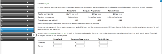 Calculate Payroll K. Mello Company has three employees-a consultant, a computer programmer, and an administrator. The followi
