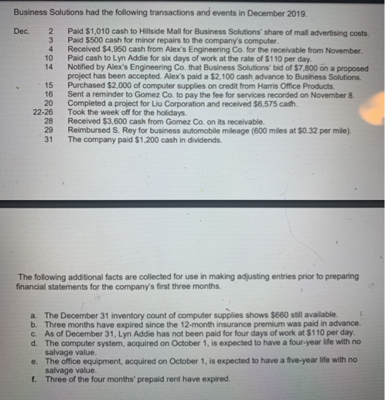 Business Solutions had the following transactions and events in December 2019. Dec. 2 3 4 10 14 15 16 Paid $1,010 cash to Hil