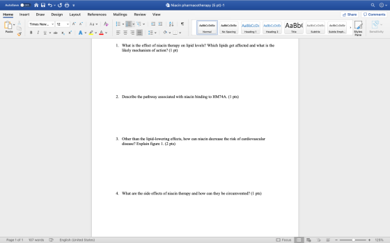 AutoSave OFF A S U wa Niacin pharmacotherapy (5 pt)-1 Home Insert Draw Design Layout References Mailings Review View Share Co