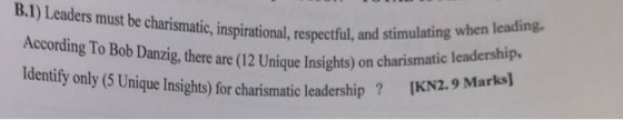 B.1) Leaders must be charismatic, inspirational, respectful, and stimulati According To Bob Danzig, there are (12 Unique Insights) on e ldentify only (5 Unique Insights) for charismatic leadership ? KN2. charisma tic leadership,