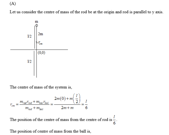 Let us consider the centre of mass of the rod be at the origin and rod is parallel to y axis 122m (0,0) 12 The centre of mass of the system is, 2) 1 cin 2m+ m The position of the centre of mass from the centre of rod is- The position of centre of mass from the ball is