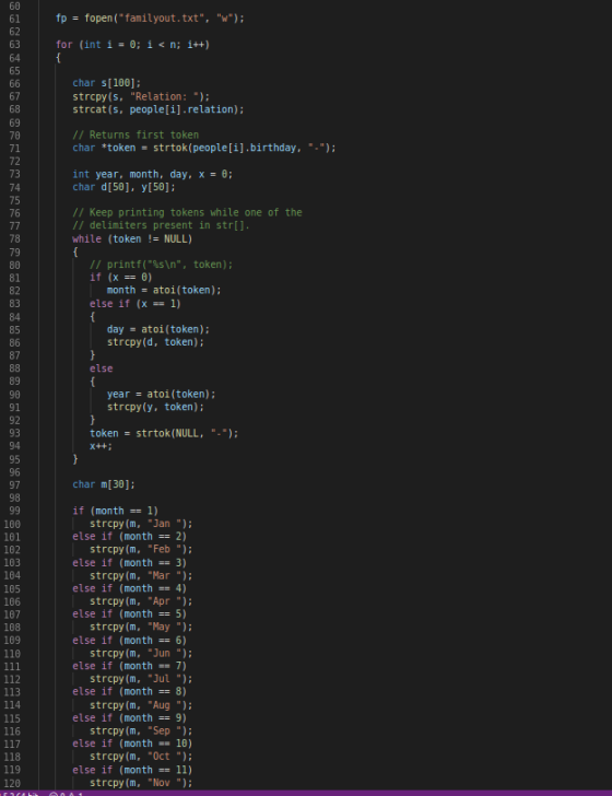 60 fp fopen( familyout . txt, w ) ; 61 62 63 for (int i = 0; i < n; 1++) { 64 65 char s[100]; strcpy(s, Relation : ); s