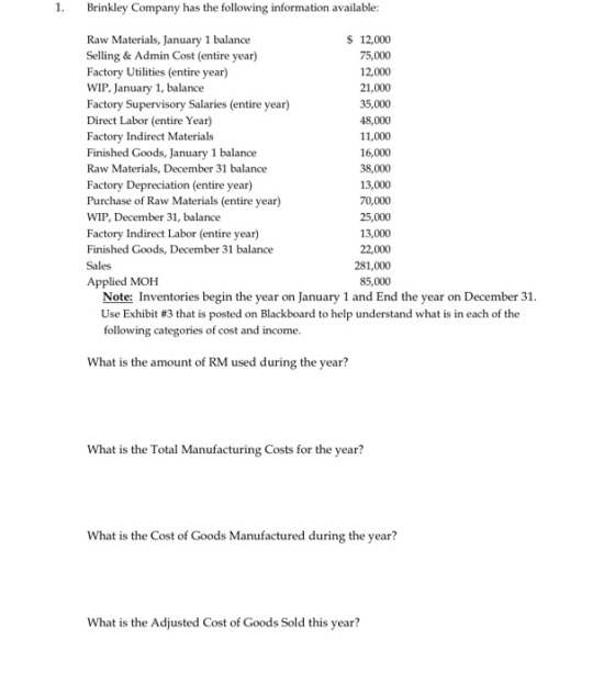 1. Brinkley Company has the following information available: Raw Materials, January 1 balance $ 12,000 Selling & Admin Cost (