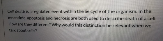 Cell death is a regulated event within the lie cycle of the organism. In the meantime, apoptosis and necrosis are both used t