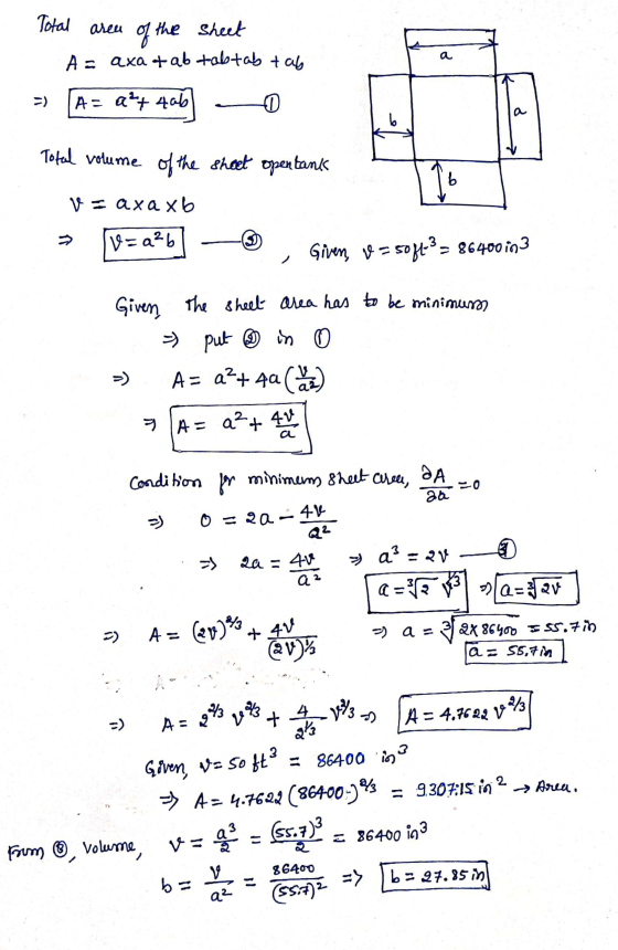 Total area of the sheet A = axat ab tabtab tab a A=a²+ 4ab 0 a 5 Total volume of the shoot opentank b Voaxa xb v=a²b Given, v