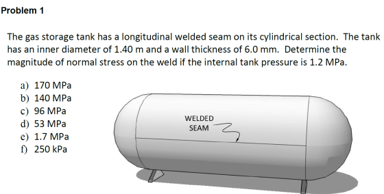 Problem 1 The gas storage tank has a longitudinal welded seam on its cylindrical section. The tank has an inner diameter of 1