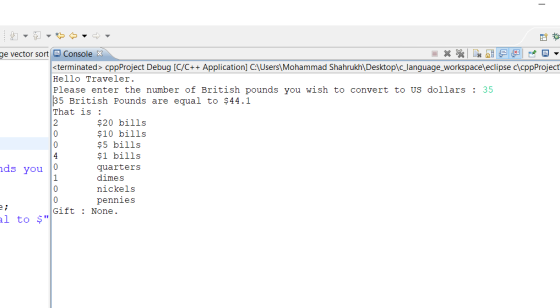 ge vector sort Console X <terminated> cppProject Debug [C/C++ Application] C:\Users\Mohammad Shahrukh\Desktop\c_language_work