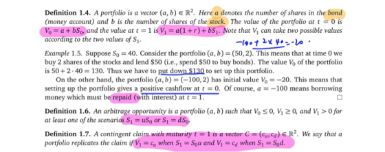 Definition 1.4. A portfolio is a vector (a, b) ER2. Here a denotes the number of shares in the bond (money account) and b is