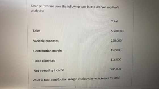 Strange Systems uses the following data in its Cost-Volume-Profit analyses: Total Sales $380,000 Variable expenses 228,000 Co