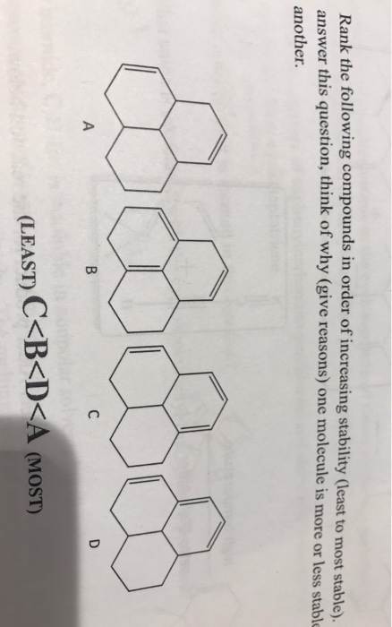 Rank the following compounds in order of increasing stability (least to most stable answer this question, think of why (give reasons) one molecule is more or less stabl another. LEAST) C<B<D </div> </div> </div></body></html>