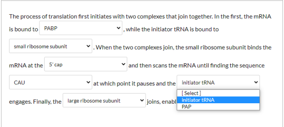 The process of translation first initiates with two complexes that join together. In the first, the mRNA is bound to PABP , w