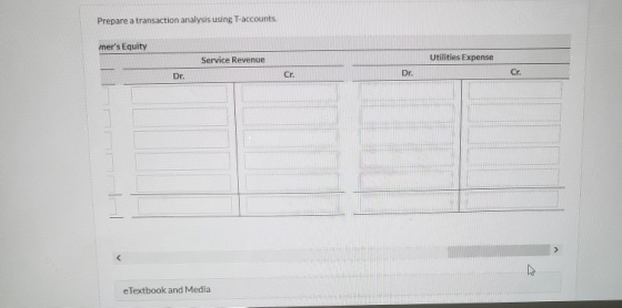 Prepare a transaction analysis using T-accounts. iners Equity Service Revenue Utilities Expense Dr. Cr. Dr. Cr. e Textbook a