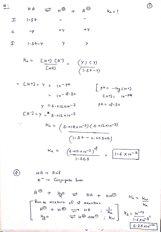 ot Ka=? HA 1.57 Ź H - AO - I ty 0 Gt £ 1.57-4 1.57-y y y Ka= [+ ] [A] - [HA2 (Y) (Y) (1.57-Y) = [H+] = y = 10-pl = 10-09.30 I