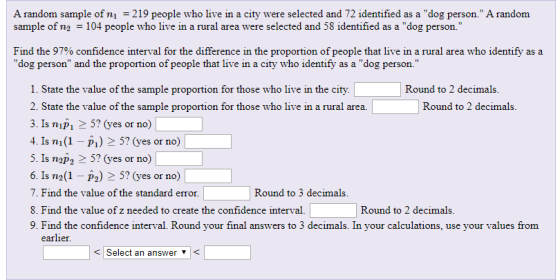 A random sample of ni = 219 people who live in a city were selected and 72 identified as a dog person. A random sample of n