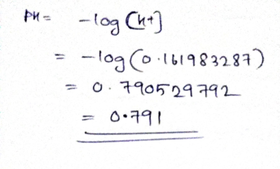 - pH = -log Cht] = -log(0.161983287) = 0.790529792 = 0.791