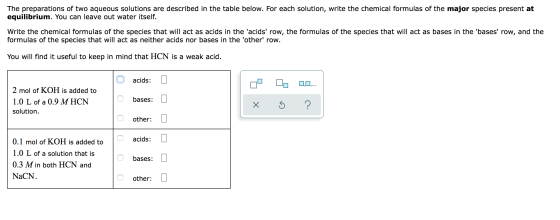 The preparations of two aqueous solutions are described in the table below. For each solution, write the chemical formulas of