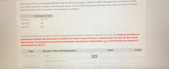 Waterway sells 20 nonrefundable $90 gift cards for 3D printer paper on March 1, 2020. The paper has a standalone selling pric