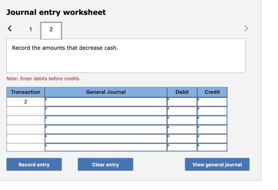 Journal entry worksheet Record the amounts that decrease cash. Note: Enter debits before credits. Transaction General Journal