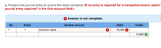 c. Prepare the journal entry to record the stock dividend. (If no entry is required for a transaction/event, select journal e