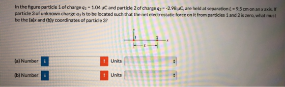 In the figure particle 1 of charge q1-1.04 HC and particle 2 of charge a2- -2.98 uC, are held at separation L-9.5 cm on an x axis. If particle 3 of unknown charge q3 is to be located such that the net electrostatic force on it from particles 1 and 2 is zero, what must be the (a)x and (bly coordinates of particle 3? (a) Number Units (b) Number Units