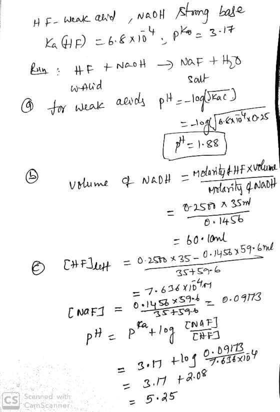 HF- Weak alid , NaOH strong base Ka Hp) = 6.8x104, pko 3.17 Run: HF + NaOH - NaF + H20 O salt Walid @ for weak acids pH=_logl