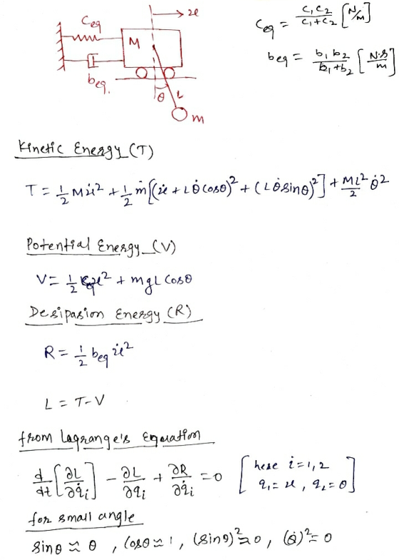 20 Сая [on] C.cz Citc2 Cega beq= bb2 M I NS m beq m Kinetic Energy (T) Tab mit? +4 m (ie +L• Koso)2 + (LÒRing)] + Mz+52 Pote