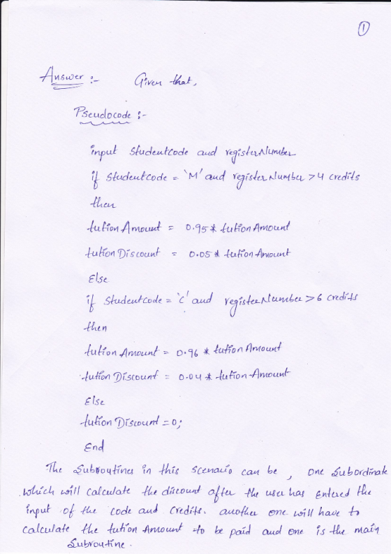 Ausor Given hat Pseudocode- gistaalim giata ntu input studeutcode aud Studeutcode Maud lumbu 74 credits then tulfon Amouut 0