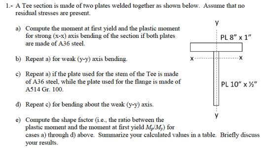1.- A Tee section is made of two plates welded together as shown below. Assume that no residual stresses are present. a) Comp