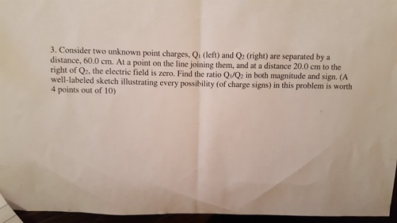 3. Consider two unknown point charges, Qi (left) and Qz (right) are separated by a distance, 60.0 cm. At a point on the line joining them, and at a distance 20.0 cm to the right of Qz, the electric field is zero. Find the ratio Qi/Q2 in both magnitude and sign. (A well-labeled sketch illustrating every possibility (of charge signs) in this problem is worth 4 points out of 10)
