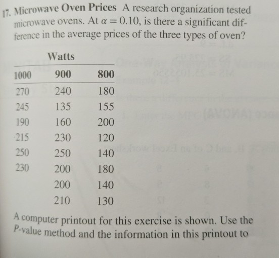 17. Microwave Oven Prices A research organization tested microwave ovens. At a=0.10, is there a significant dif- ference in t