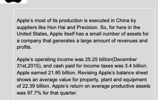 Apples most of its production is executed in China by suppliers like Hon Hai and Precision. So, for here in the United State