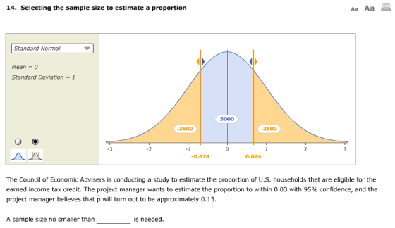 14. Selecting the sample size to estimate a proportion Aa Aa Standard Normal Mean-0 Standard Deviation-1 5000 2500 2500 2 ?? 0.674 0.674 The Council of Economic Advisers is conducting a study to estimate the proportion of U.S. households that are eligible for the earned income tax credit. The project manager wants to estimate the proportion to within 0.03 with 95% confidence, and the project manager believes that p will turn out to be approximately 0.13. A sample size no smaller tharn is needed.