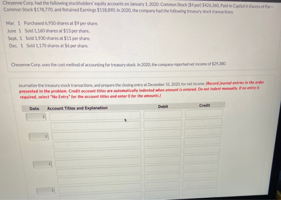 Cheyenne Corp. had the following stockholders equity accounts on January 1, 2020: Common Stock ($4 par) $426,360, Paid-in Ca
