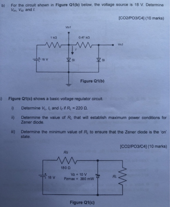 For the circuit shown in Figure Q1(b) below, the voltage source is 18 V. Determine b) Vot, Voz and / [CO2/PO3/C4] (10 marks)