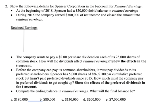 2. Show the following details for Spencer Corporation in the t-account for Retained Earnings: At the beginning of 2018, Spenc