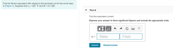 Find the Norton equivalent with respect to the terminals a,b for the circuit seen in (Figure 1). Suppose that vg = 220 V and
