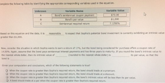 omplete the following table by identifying the appropriate corresponding variables used in the equation. Variable Value $70.0