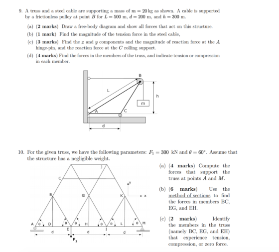 9. A truss and a steel cable are supporting a mass of m = 20 kg as shown. A cable is supported by a frictionless pulley at po