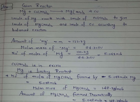 Ane-i Given Reaction Mg + CULHO/₂ - Mg(NO3)2 + cu Imole of mg reacts with Imole of cu(NO3)2 to give Imole of Mg(NO3)2 and Imo