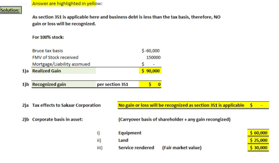 Answer are highlighted in yellow: Solution: As section 351 is applicable here and business debt is less than the tax basis, t