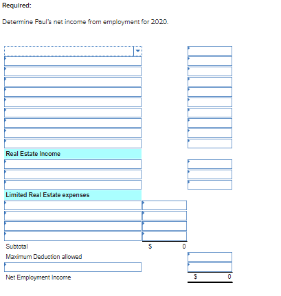 Required: Determine Pouls net income from employment for 2020. Real Estate Income Limited Real Estate expenses 10 A Subtotal