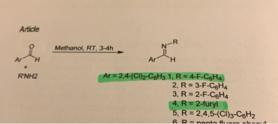 Article Methanol, RT, 3-4h Ar H RNH2 Ar= 2,4-(CI)2-C6H3 1, R = 4-F-C6H4 2, R = 3-F-C8H4 3, R = 2-F-C6H4 4, R = 2-furyl 5, R