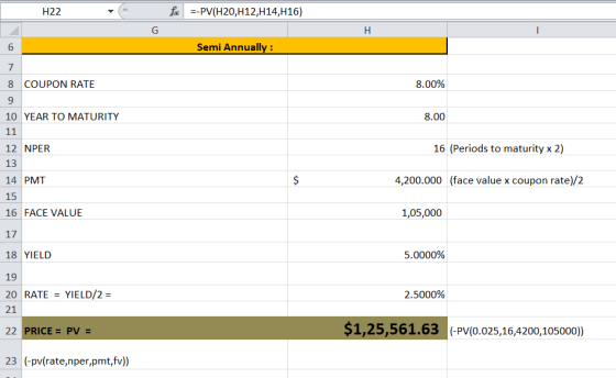 H22 fc --PV(H20,H12,414,H16) G H 1 6 Semi Annually: 8.00% 8.00 7 8 COUPON RATE 9 10 YEAR TO MATURITY 11 12 NPER 13 14 PMT 15