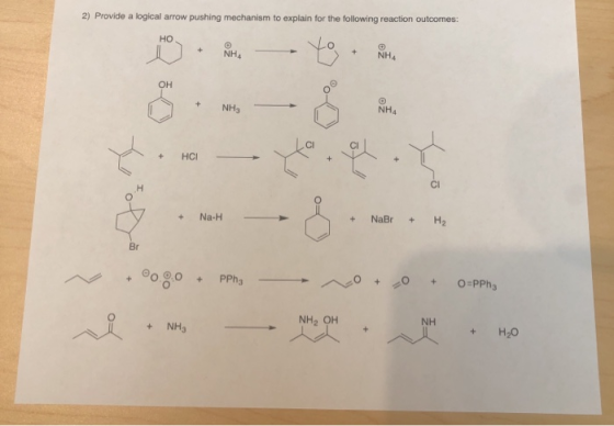 2) Provide a logical arrow pushing mechanism to explain for the following reaction outcomes + Na-H + NaBr + H2 .0090Pphy — 10